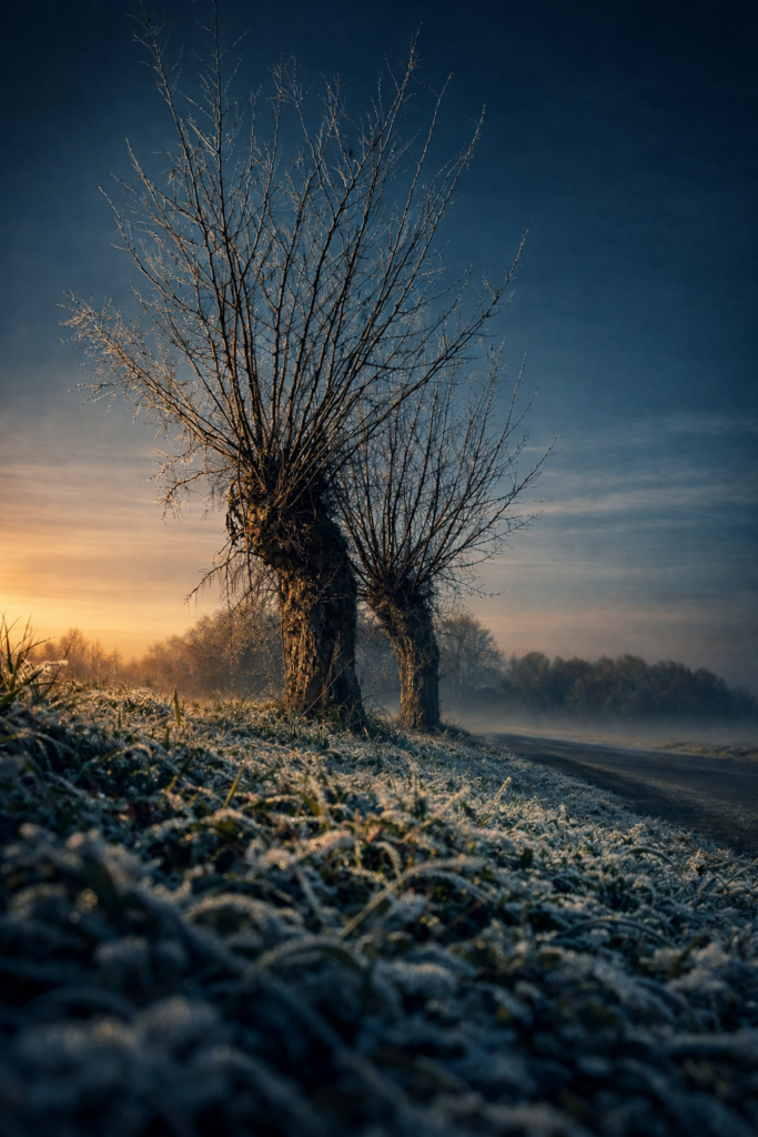 Alberi nella campagna di Vernate durante una mattina invernale