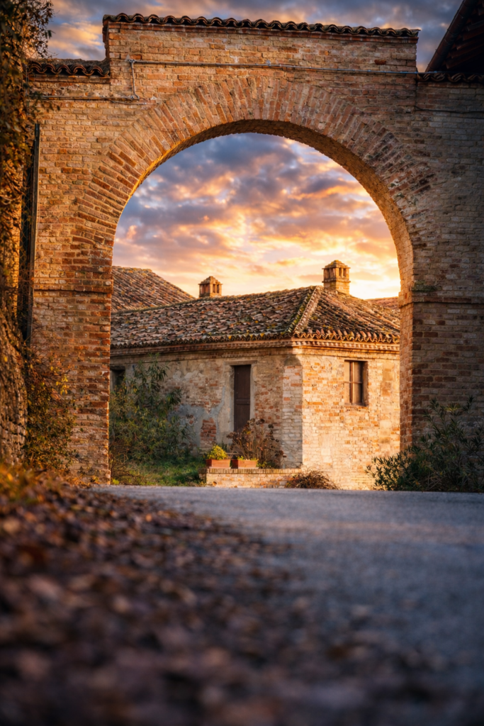 Borgo dell’Oltrepò Pavese visto attraverso un arco in mattoni